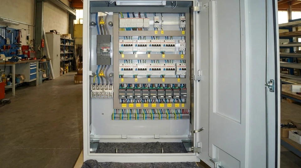 Intérieur d'armoire électrique industrielle avec technicien effectuant des mesures